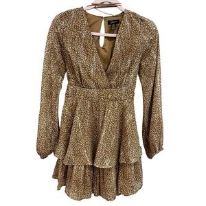 Japna Long Sleeve Plunge V-Neck Ruffle Leopard Shimmer leopard dress small nwot